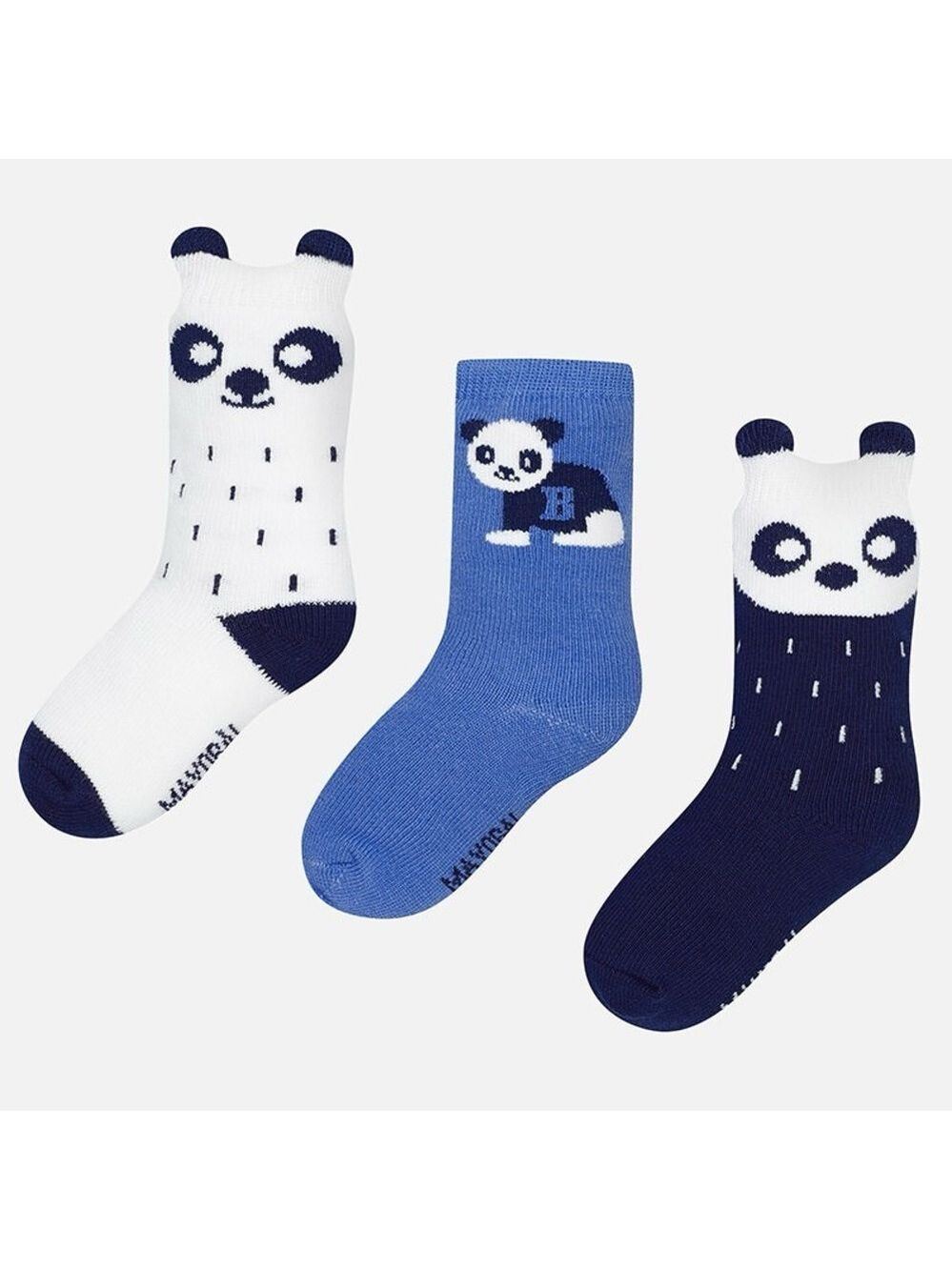 Size 6 months Baby Mayoral Panda Socks Set - White, Blue, and Navy